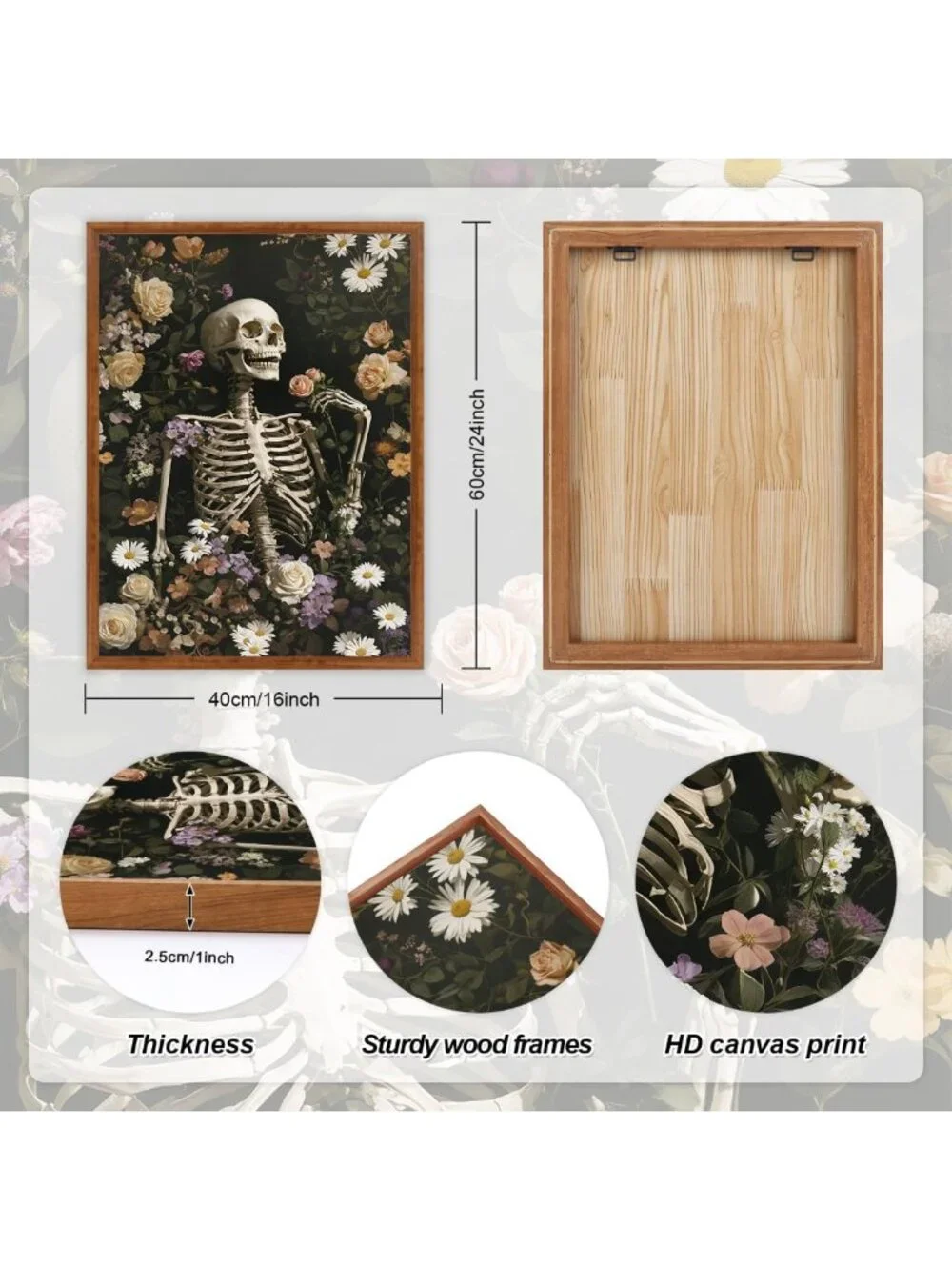 Large 16x24 Halloween Skeleton Canvas Art - Vintage Skull & Floral Wall Decor